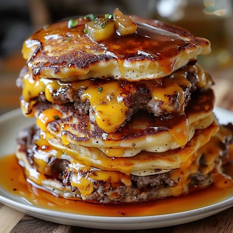 A stack of pancakes with meat on top.