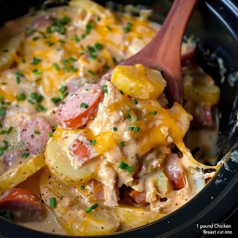 A close up of a delicious chicken and sausage casserole.