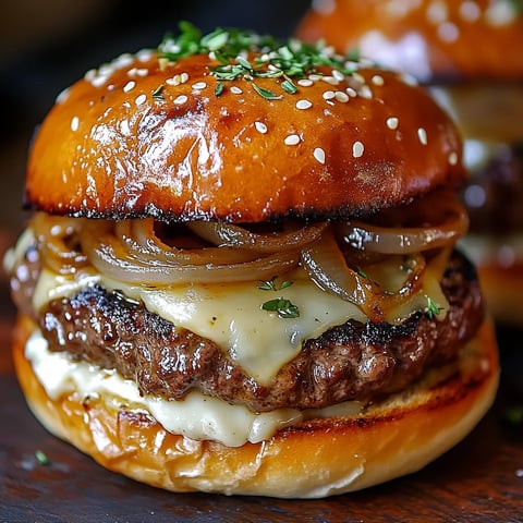 A burger with onions and cheese.