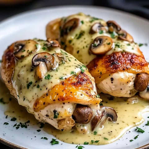 Two pieces of chicken with mushrooms and cheese.
