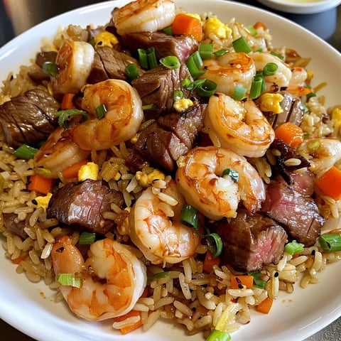 A plate of shrimp and steak fried rice.