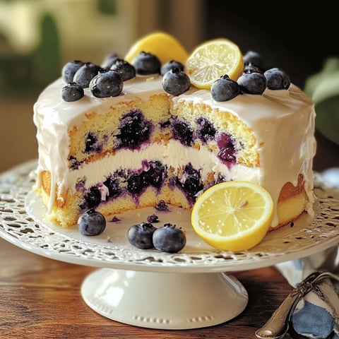 A slice of cake with blueberries and lemon wedges on top.