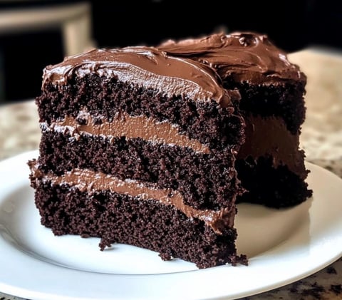 A slice of chocolate cake on a white plate.