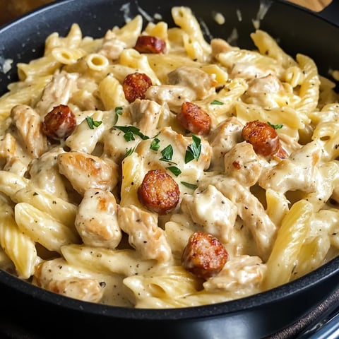 A bowl of creamy pepper jack chicken and sausage pasta.
