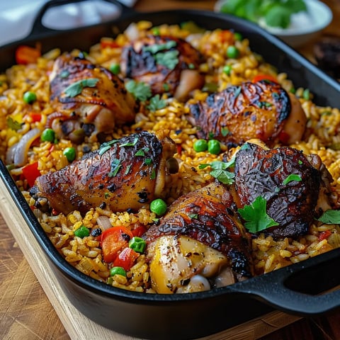A pan of food with rice and peppers.
