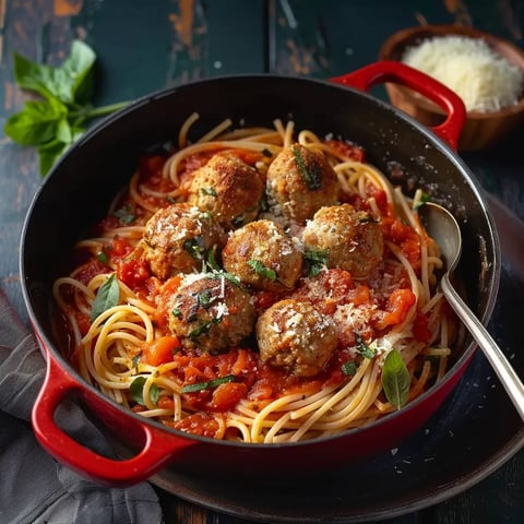 A bowl of spaghetti with meatballs and sauce.