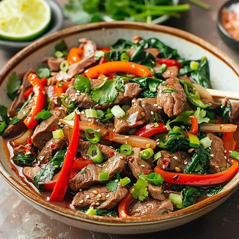 A bowl of beef and vegetables.
