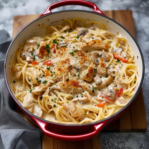 A bowl of pasta with chicken and mushrooms.