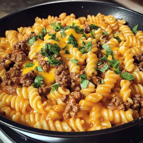 A skillet filled with pasta and meat.