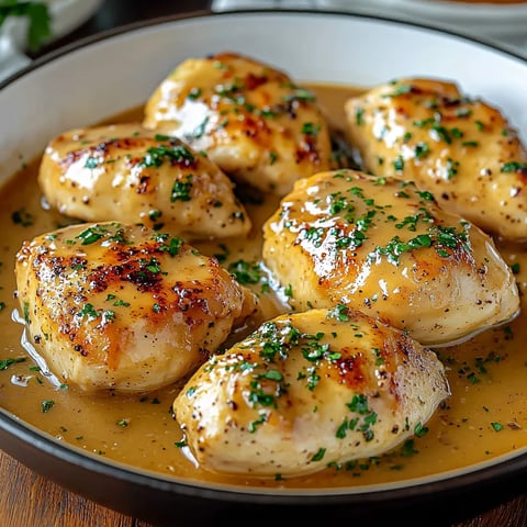 A plate of chicken with butter sauce.