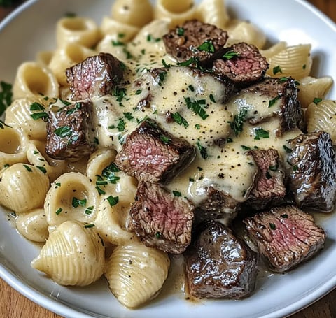 A plate of garlic butter steak bites.