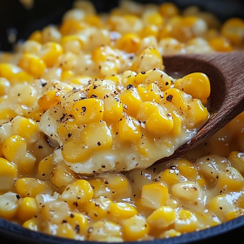A wooden spoon is in a skillet with corn and butter.