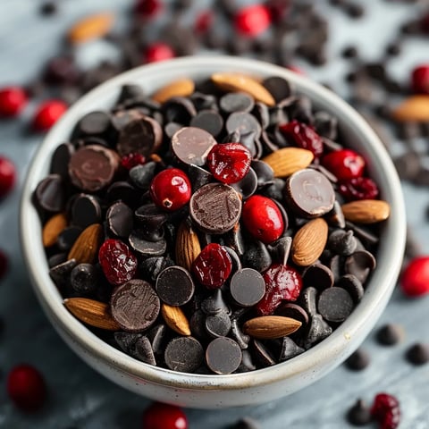 A bowl of chocolate chips and red berries.