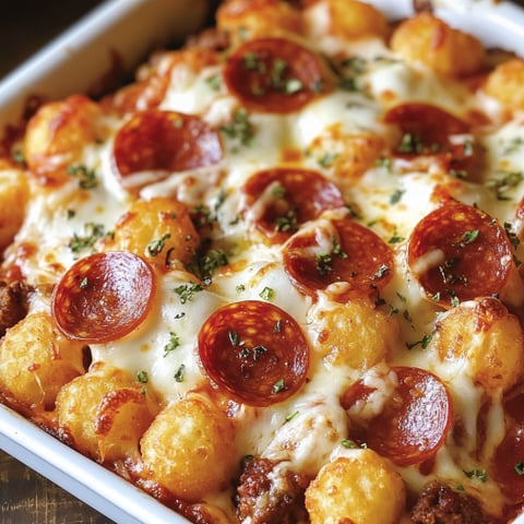 A close up of a meat lover's pizza tot casserole.