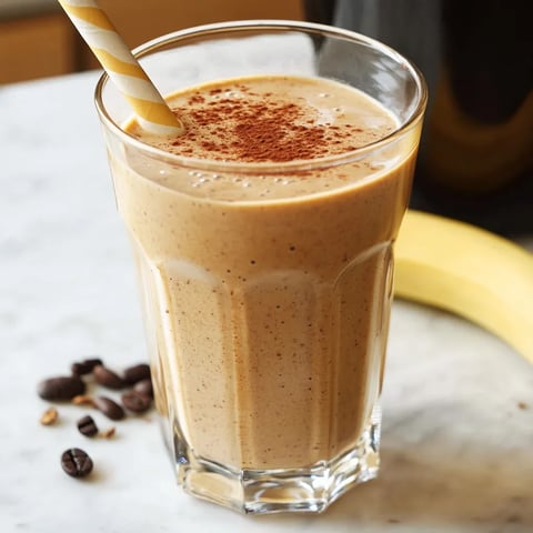A glass of coffee smoothie with a banana on the side.