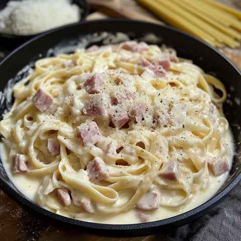 A bowl of creamy carbonara with ham and cheese.