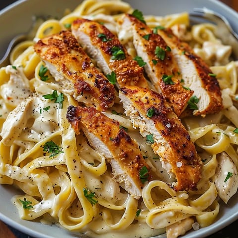 A plate of pasta with chicken and herbs.