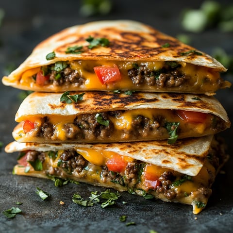 Three stacked tacos with cheese and tomatoes.