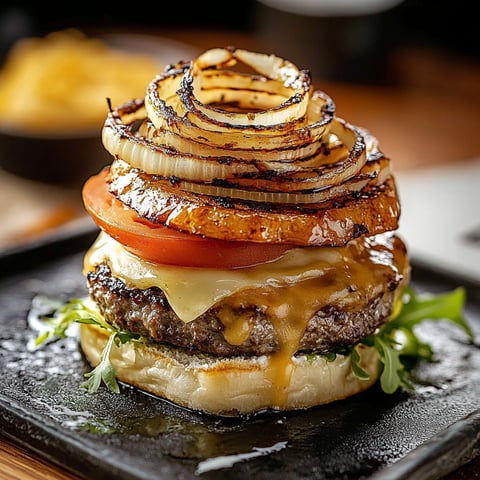 A burger with onions and tomatoes on top.
