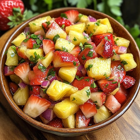 A bowl of fruit with pineapple, strawberries, and onions.