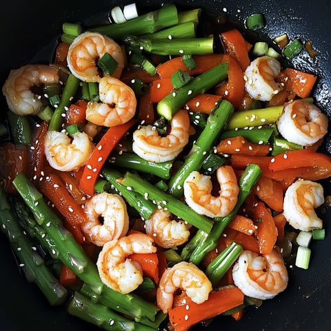 A stir fry with shrimp and vegetables.