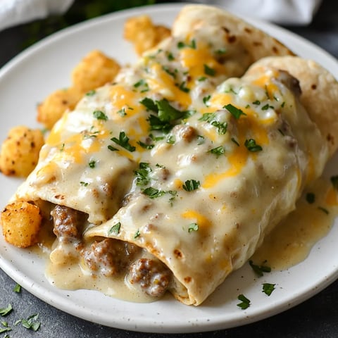 A breakfast burrito with cheese and gravy.