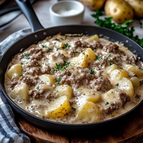 A skillet with meat and potatoes.