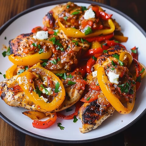 A plate of chicken with peppers and cheese.