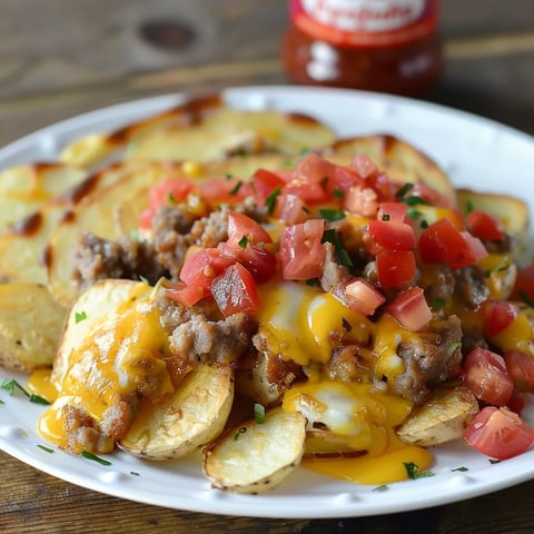 A plate of food with tomatoes, potatoes, and meat.