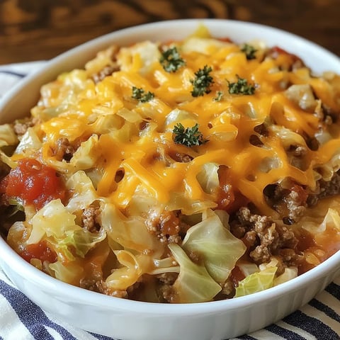 A white bowl filled with a cheesy cabbage beef casserole.
