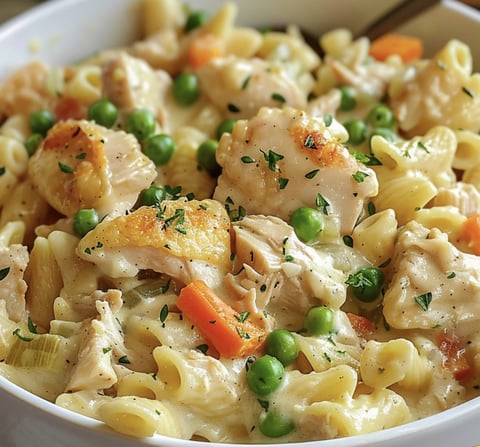 A bowl of pasta with chicken and peas.