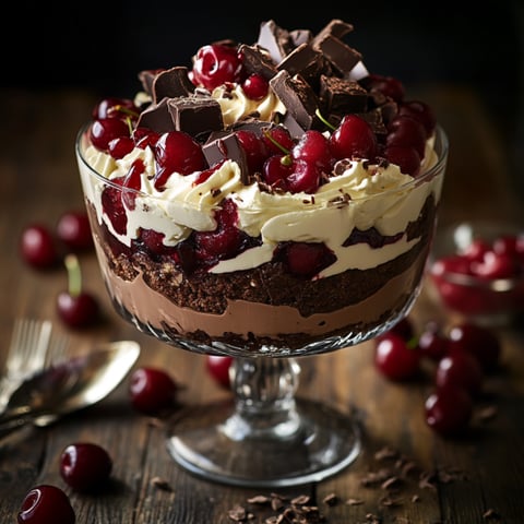 A glass bowl filled with chocolate and cherries.