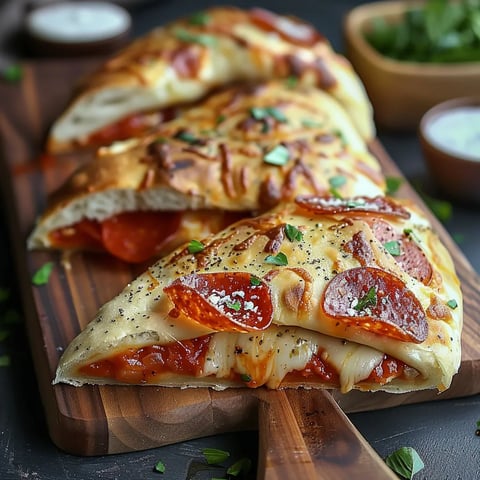 A slice of pizza on a wooden cutting board.