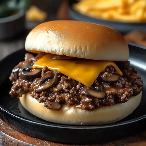 A sloppy joe burger with mushrooms and cheese.