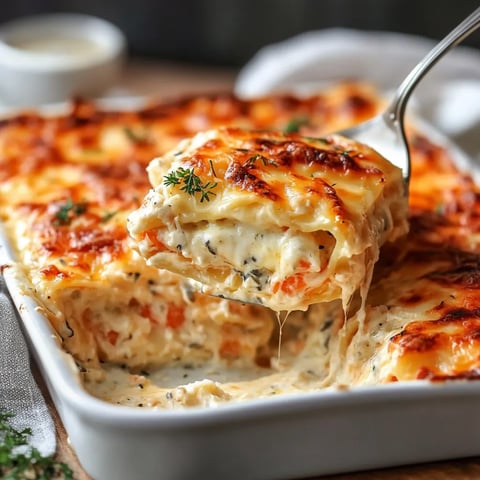 A slice of seafood lasagna.