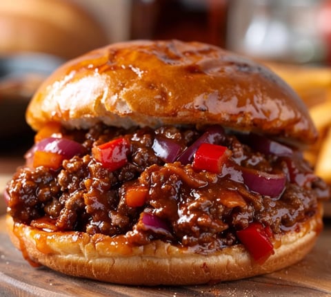 A sloppy joe sandwich with a bun and onions.
