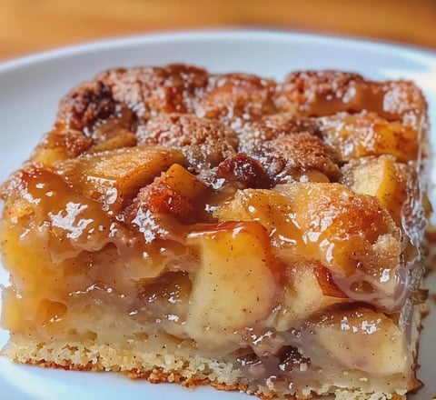 A slice of cinnamon apple cake on a white plate.