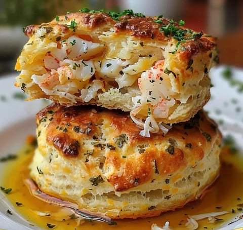 A plate of crab stuffed cheddar bay biscuits with lemon butter.