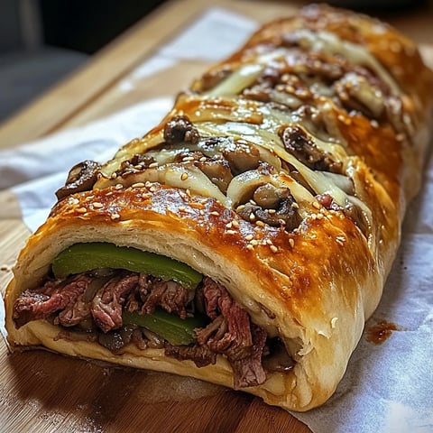 A cheesesteak sandwich on a wooden table.