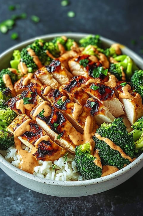 A bowl of rice and broccoli with a sauce.