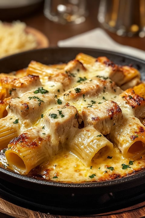 A pan of food with chicken and pasta.