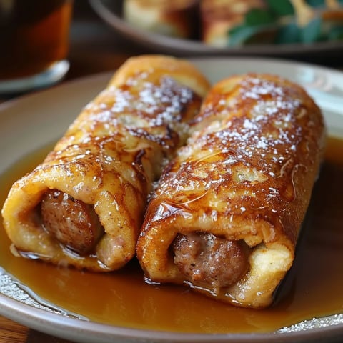 Two sausage rolls with powdered sugar on a plate.