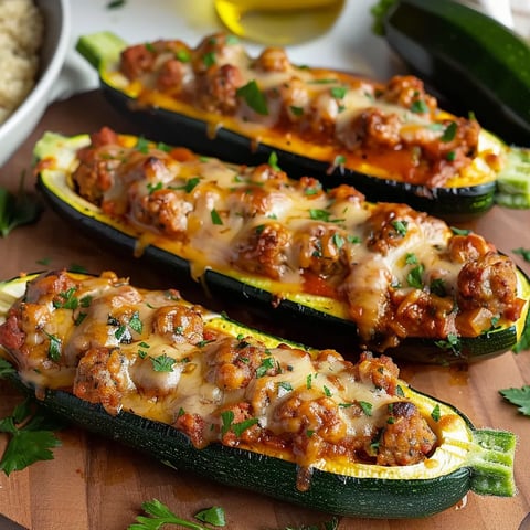 Two zucchini boats filled with meat and cheese.