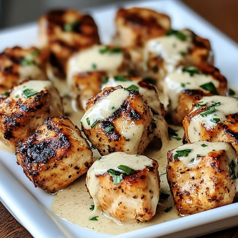 Grilled chicken bites with creamy garlic sauce.