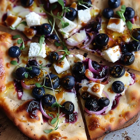 A pizza with blueberries and cheese on top.