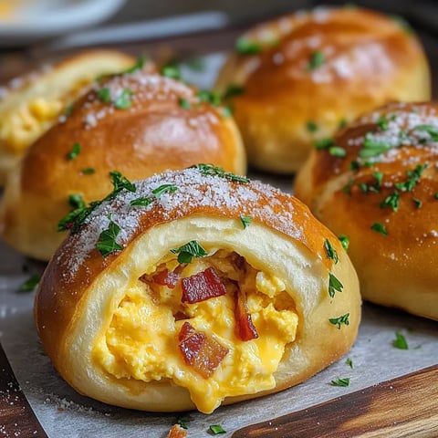 Stuffed breakfast pretzel rolls with bacon and egg.