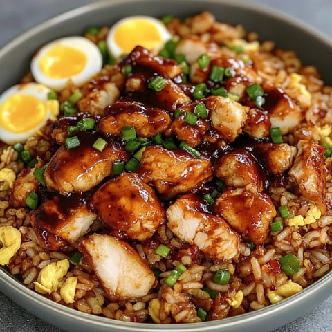 A bowl of BBQ chicken fried rice.