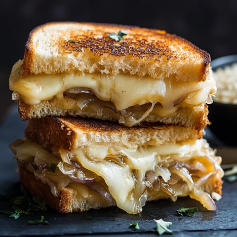 A sandwich with cheese and onions on a black table.