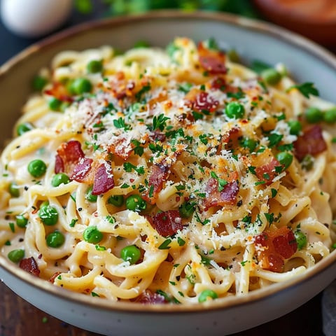A bowl of pasta with peas and bacon.