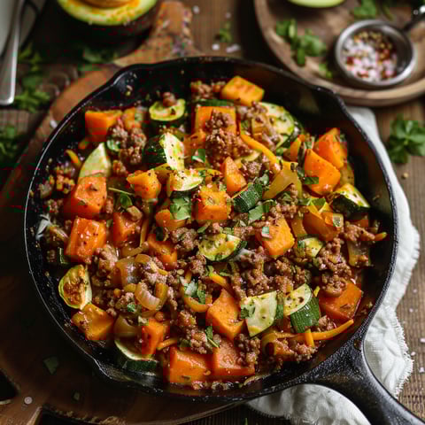 A skillet full of meat and vegetables.